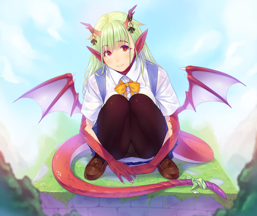 blush bubuzuke colored_skin commentary_request dragon_girl dragon_horns dragon_tail dragon_wings female green_hair highres horns long_hair looking_at_viewer monster_girl multicolored_skin outdoors panties panties_under_pantyhose pantyhose photoshop_(medium) pointy_ears red_eyes red_skin rin_drave sei_monmusu_gakuen sitting smile solo tail underwear wings