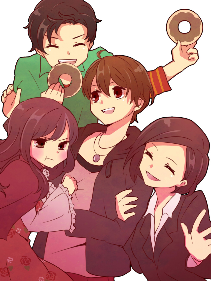 2boys 2girls :t ^_^ arm_hug bad_id bad_pixiv_id black_hair brown_eyes brown_hair closed_eyes daimon_rinko doughnut food highres kamen_rider kamen_rider_wizard_(series) koyomi_(kamen_rider_wizard) long_hair multiple_boys multiple_girls nara_shunpei open_mouth pout short_hair smile souma_haruto tunamizyousuke