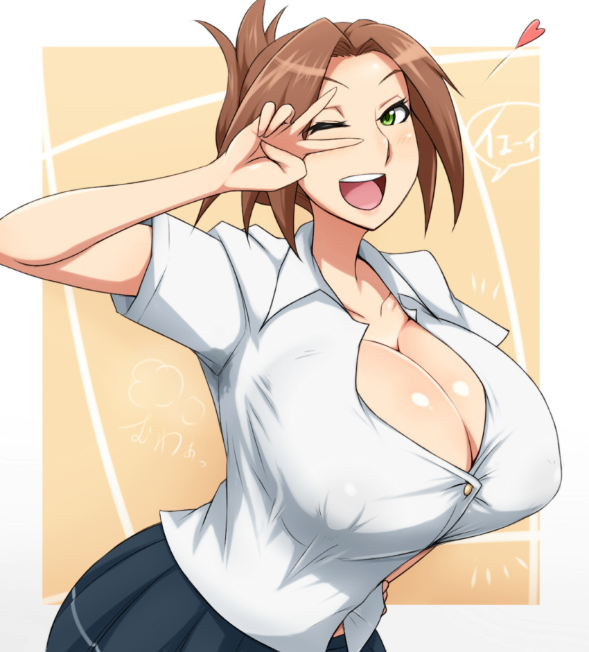 breasts brown_hair cleavage commentary_request female green_eyes highres huge_breasts looking_at_viewer mumumu_(three_emu) open_mouth original smell solo v