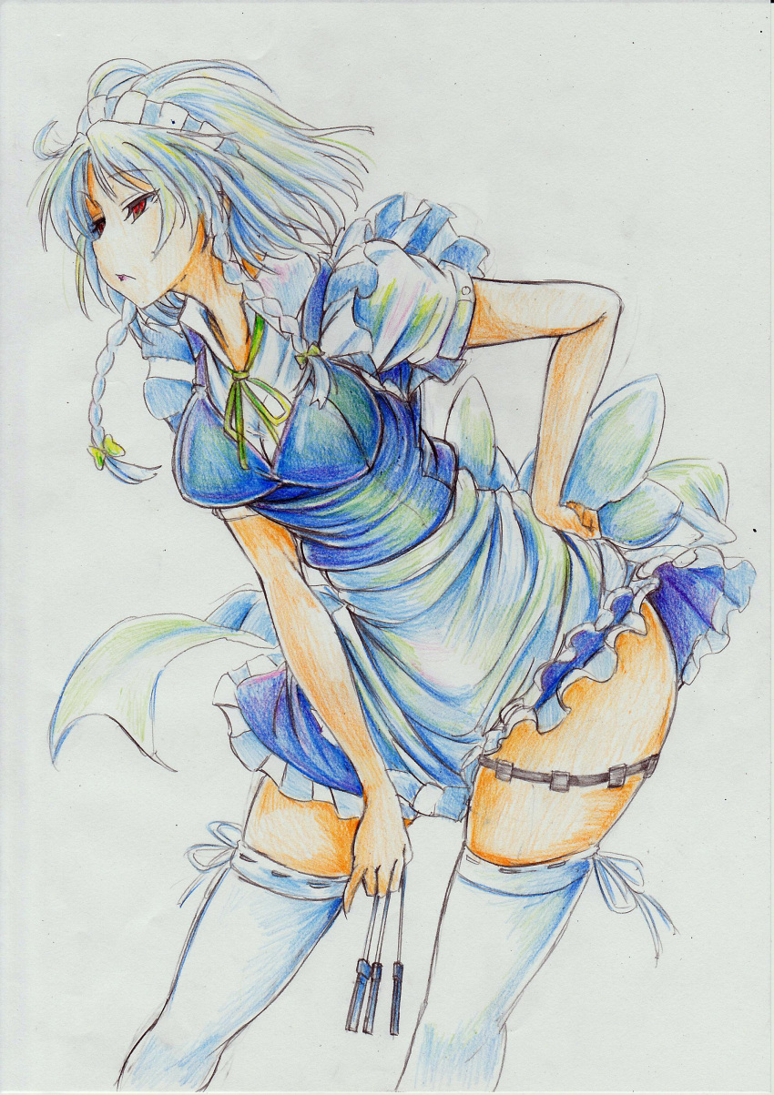 absurdres bad_id bad_pixiv_id braid colored_pencil_(medium) female grey_hair hand_on_own_hip highres izayoi_sakuya kitazinger knife leaning_forward maid_headdress photoshop_(medium) red_eyes short_hair solo thighhighs touhou traditional_media twin_braids white_thighhighs