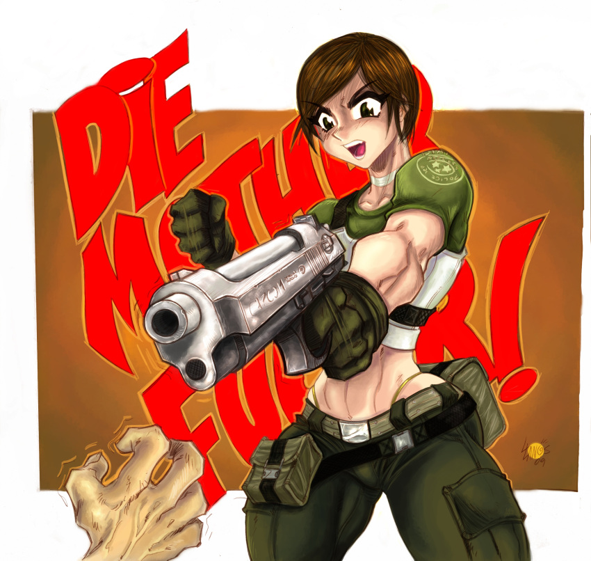 absurdres aiming brown_eyes brown_hair bulletproof_vest choker commentary_request english_text female finger_on_trigger foreshortening gloves gun handgun highleg highleg_panties highres holding holding_gun holding_weapon ivan_llanos midriff narrow_waist panties pouch profanity rebecca_chambers resident_evil resident_evil_0 short_hair shouting solo thong underwear uniform weapon zombie