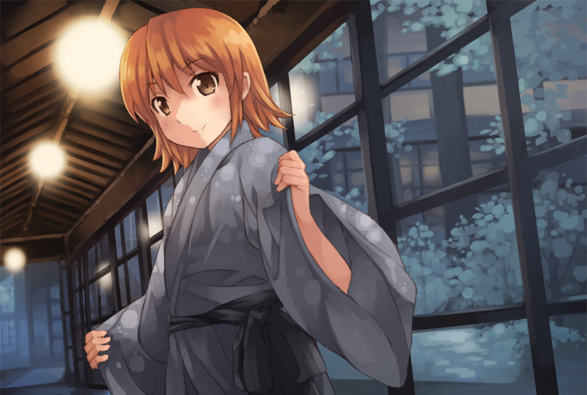 akatsuki_miho akemiho_tabi_nikki bad_id bad_pixiv_id blush brown_eyes brown_hair female gendai_ninjakko_zukan japanese_clothes kimono kouno_hikaru light looking_at_viewer ryokan short_hair smile solo window yukata