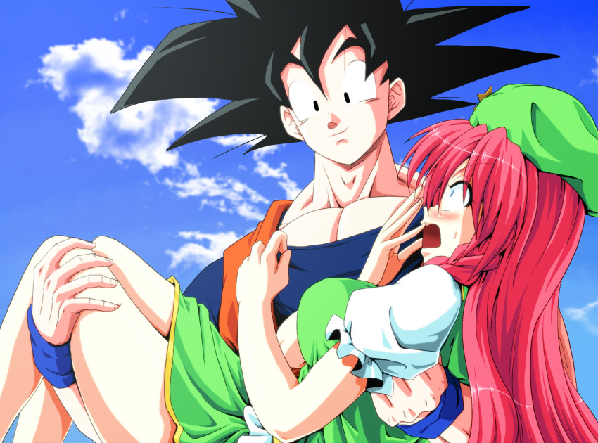 1boy black_eyes black_hair blue_eyes blush braid breasts carrying cloud commentary_request crossover day dragon_ball dragon_ball_z female hat highres hong_meiling kamishima_kanon large_breasts long_hair open_mouth princess_carry red_hair short_hair sky smile son_goku surprised touhou