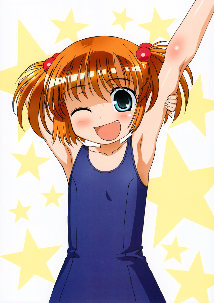 ;d absurdres arm_behind_head arm_up armpits artist_request blue_eyes blue_one-piece_swimsuit blush body_blush female flat_chest hair_bobbles hair_ornament highres holding_own_arm kataoka_yuuki looking_at_viewer megami_magazine oerba_yun_fang official_art one-piece_swimsuit one_eye_closed open_mouth orange_hair saki_(manga) scan school_swimsuit short_hair smile solo star_(symbol) starry_background stretching swimsuit two_side_up upper_body