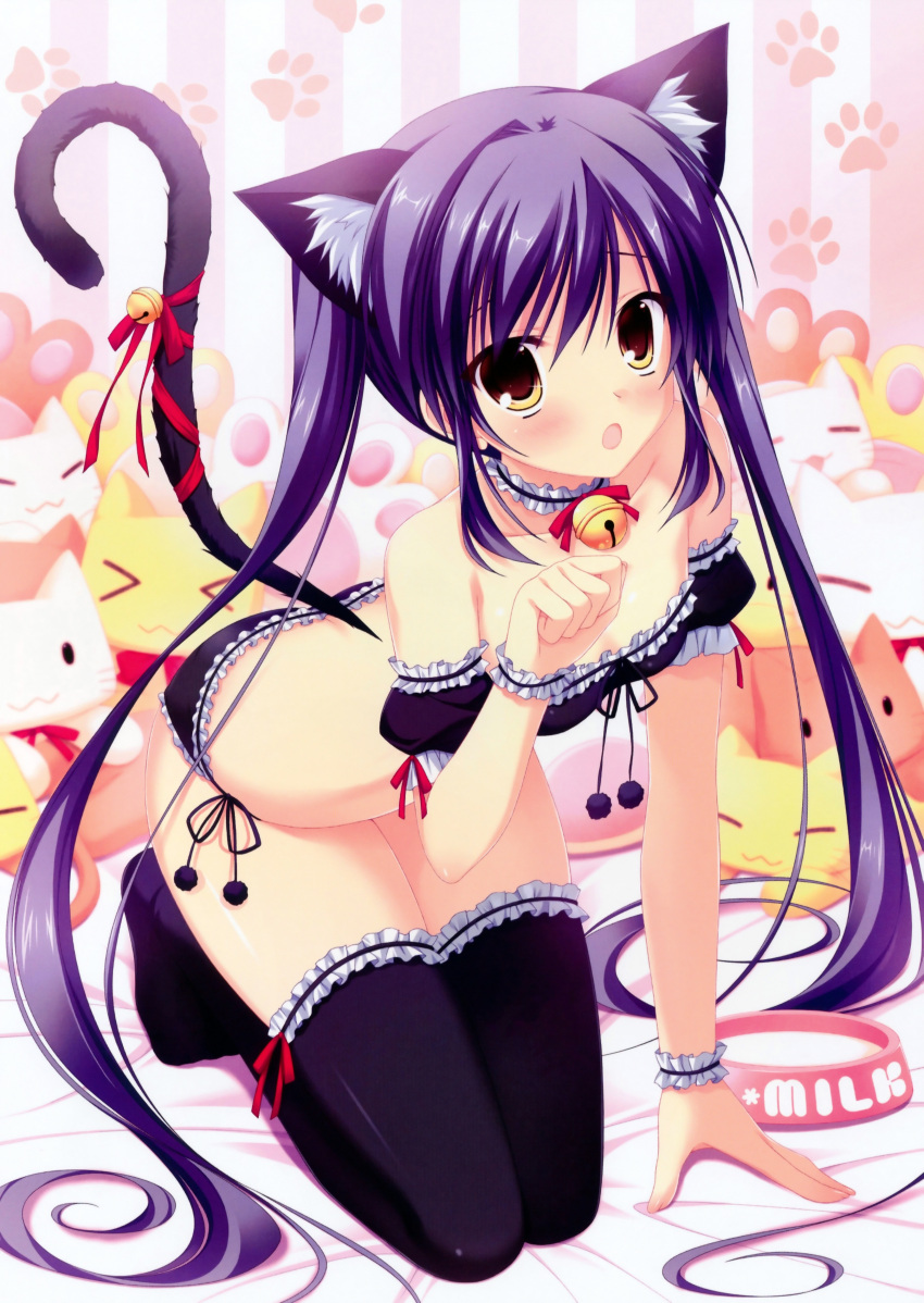 :o absurdres animal_ears bare_shoulders bell black_panties black_thighhighs blue_hair blush bowl cat_ears cat_tail choker da_capo da_capo_iii detached_sleeves female frilled_thighhighs frills highres jingle_bell kneeling long_hair milk open_mouth panties paw_pose pet_bowl photoshop_(medium) ribbon rukawa_sara scan solo tail tail_bell tail_ornament tail_ribbon takano_yuki_(allegro_mistic) thighhighs twintails underwear very_long_hair yellow_eyes