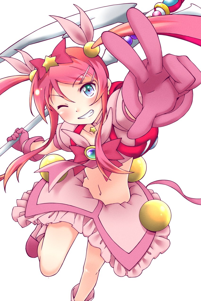 absurdres bad_id bad_pixiv_id blue_eyes blush bow cosplay female gloves green_eyes hair_ornament hairbow hairclip highres hoshikuzu_witch_meruru kobayashi_marina kousaka_kirino magical_girl meruru_(oreimo) meruru_(oreimo)_(cosplay) midriff multicolored_eyes navel one_eye_closed ore_no_imouto_ga_konna_ni_kawaii_wake_ga_nai pink_bow pink_hair short_twintails solo staff transparent_background twintails