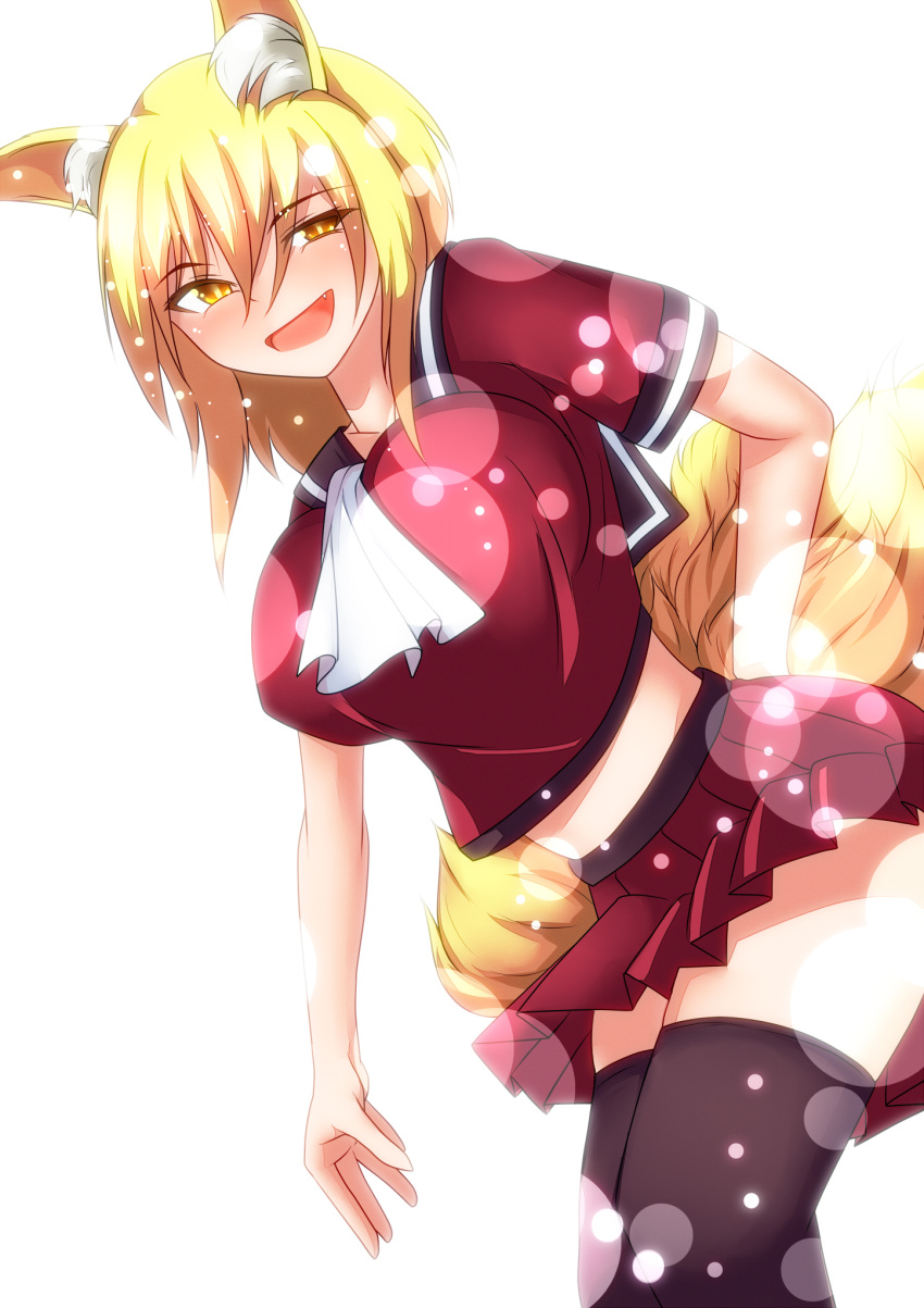 alternate_costume animal_ears ascot black_thighhighs blonde_hair breasts commentary_request crop_top cropped_shirt female fox_ears fox_tail highres large_breasts looking_at_viewer merry_(diameri) midriff miniskirt multiple_tails oerba_yun_fang open_mouth photoshop_(medium) school_uniform serafuku shirt short_sleeves skirt slit_pupils smile solo tail thighhighs touhou upskirt yakumo_ran yellow_eyes zettai_ryouiki