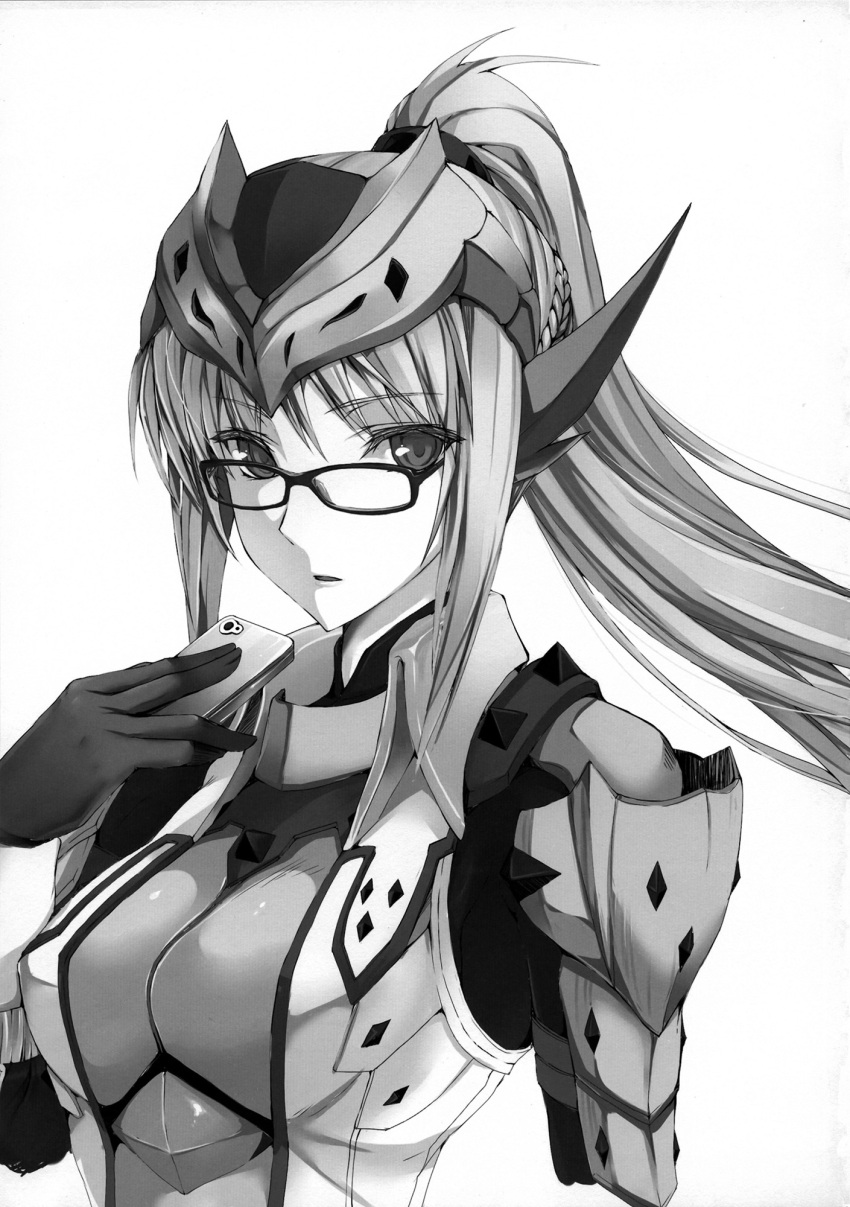 barioth_(armor) breasts cellphone female glasses greyscale headdress highres hipster kizuki_aruchu large_breasts monochrome monster_hunter_(character) monster_hunter_(series) non-web_source phone photoshop_(medium) ponytail solo