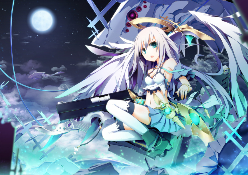 angel bare_shoulders blue_eyes commentary_request female full_moon gun halo ichiyan long_hair midriff monster moon navel night night_sky original pleated_skirt skirt sky solo thighhighs weapon white_hair wings