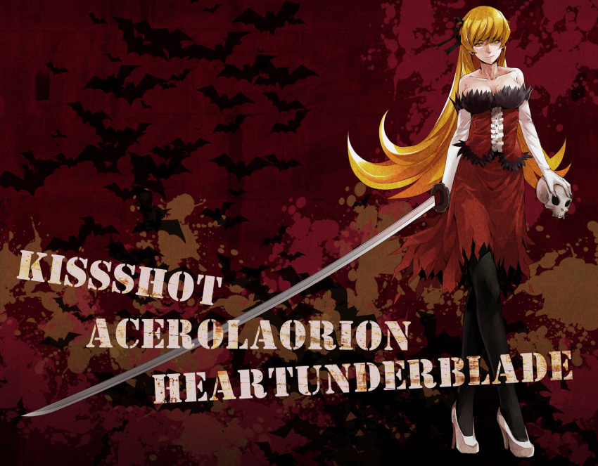 blonde_hair character_name commentary_request dafei dress elbow_gloves female gloves highres huge_weapon kiss-shot_acerola-orion_heart-under-blade kizumonogatari kokorowatari long_hair monogatari_(series) ootachi oshino_shinobu pantyhose photoshop_(medium) skull solo sword very_long_hair weapon