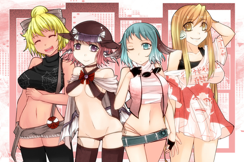 4girls alternate_costume animal_ears aoshima aqua_eyes aqua_hair bare_shoulders belt black_legwear blonde_hair bow breasts brown_eyes brown_hair brown_legwear center_opening cleavage closed_eyes commentary_request crop_top grin groin gundam gym_ghingnham hair_bun hairbow hat highres idol kasodani_kyouko kurodani_yamame large_breasts lily_white long_hair looking_at_viewer low_wings marvel micro_panties micro_shorts microskirt midriff multiple_girls mystia_lorelei navel one_eye_closed panties pink_hair purple_eyes shirt short_hair shorts single_hair_bun skirt smile spider-man spider-man_(series) spider_web_print sunglasses suspenders tan taut_clothes taut_shirt thighhighs touhou turn_a_gundam underwear wings