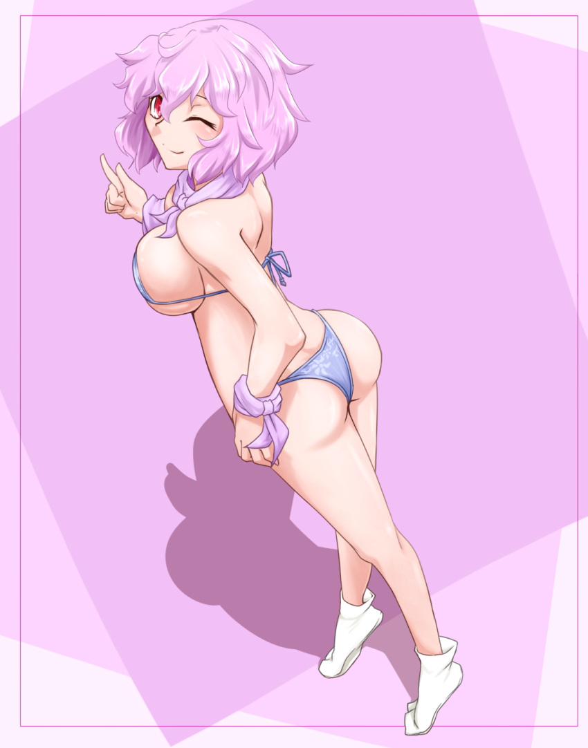 ass bikini breasts commentary_request female from_behind highres large_breasts one_eye_closed pink_hair red_eyes saigyouji_yuyuko short_hair socks solo swimsuit tabi touhou white_socks yuuki_(yukigeshou_hyouka)