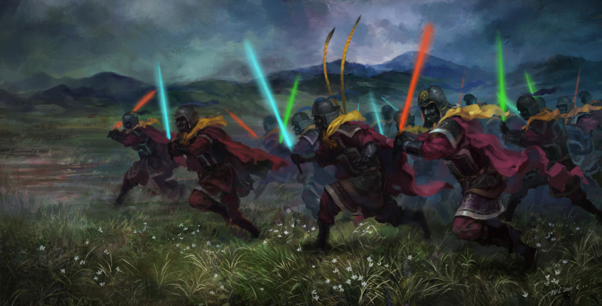 6+boys anachronism armor boots cape chinese_clothes cloud cloudy_sky energy_sword field gauntlets grass helm helmet hjl lightsaber multiple_boys original photoshop_(medium) running sky soldier sword weapon