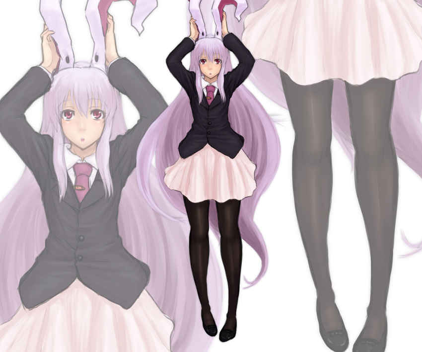 animal_ears black_pantyhose blazer commentary_request female highres jacket kuro_suto_sukii long_hair necktie pantyhose pink_hair rabbit_ears red_eyes reisen_udongein_inaba skirt solo touhou very_long_hair zoom_layer