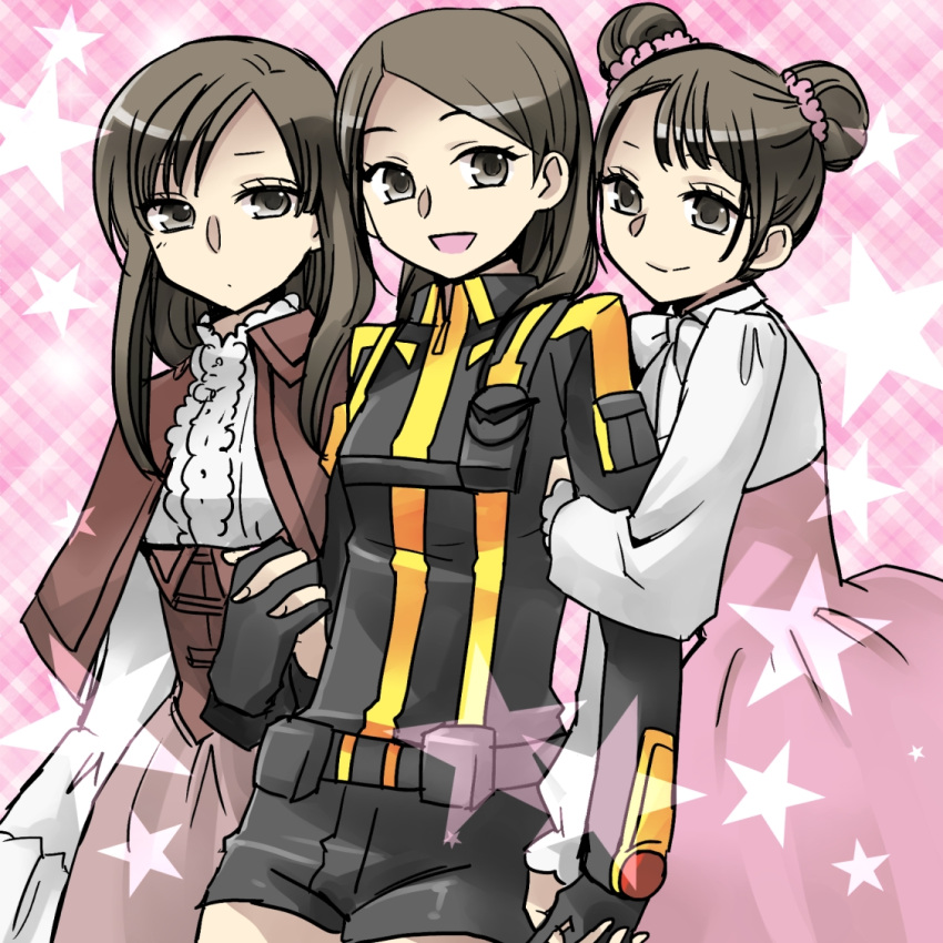 3girls animification arm_hug breasts brown_eyes brown_hair center_frills commentary_request crossover double_bun frills hair_bun kamen_rider kamen_rider_wizard_(series) koyomi_(kamen_rider_wizard) long_hair multiple_girls ponytail shelly_(gavan) shorts single_hair_bun small_breasts super_sentai terai_arina tokumei_sentai_go-busters tokusatsu uchuu_keiji_gavan underbust usami_youko