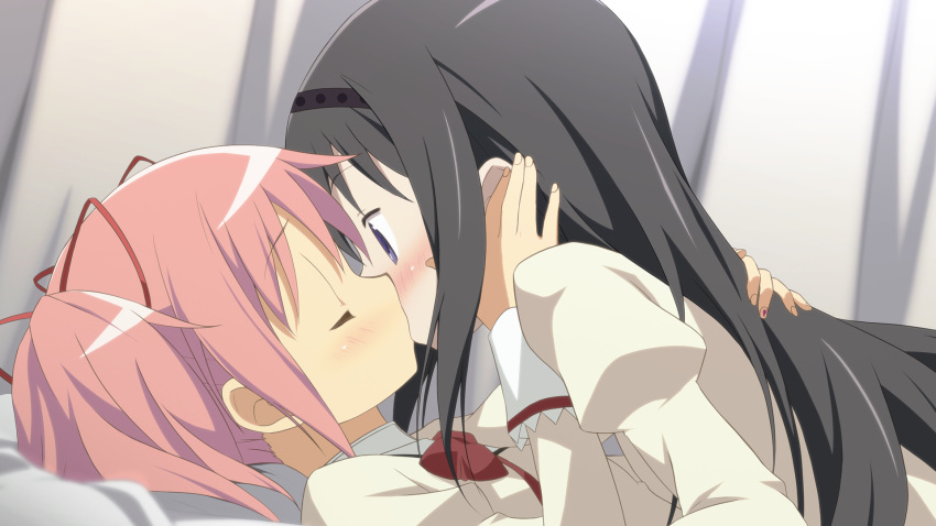 akemi_homura banned_artist black_hair blue_eyes blush closed_eyes hair_ribbon hairband highres kaname_madoka kissing long_hair lying mahou_shoujo_madoka_magica moritan multiple_girls non-web_source on_back pink_hair ribbon twintails underwear yuri