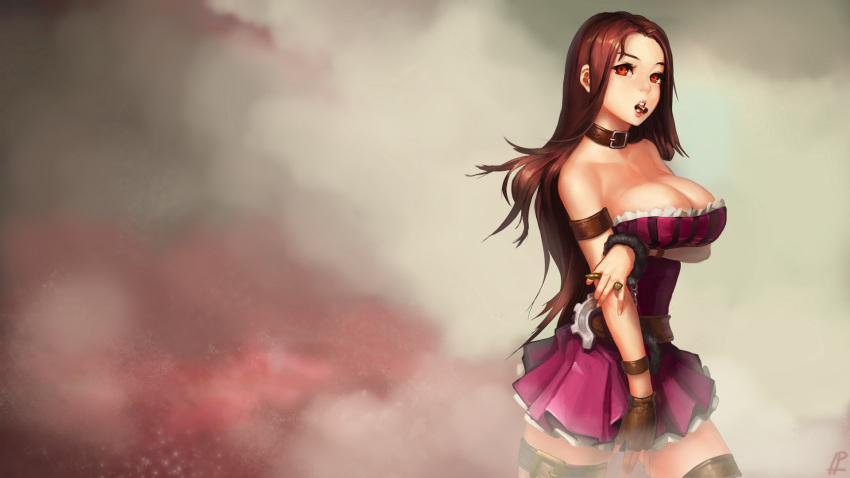 bare_shoulders belt breast_hold breasts brown_hair bullet bullet_in_mouth caitlyn_(league_of_legends) cleavage commentary_request cuffs female fingerless_gloves forehead fuzzy_handcuffs gloves handcuffs highres instant_ip large_breasts league_of_legends long_hair mouth_hold photoshop_(medium) red_eyes single_glove skirt solo