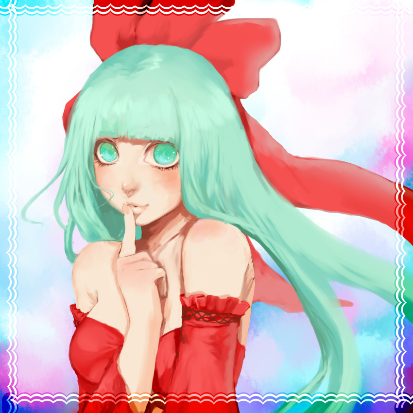 absurdres adapted_costume alternate_hairstyle aqua_eyes aqua_hair bad_id bad_pixiv_id bare_shoulders blunt_bangs bow breasts dress female finger_to_mouth hair_ornament hair_ribbon hairbow highres john_marica kagiyama_hina lips long_hair medium_breasts ribbon smile solo touhou upper_body