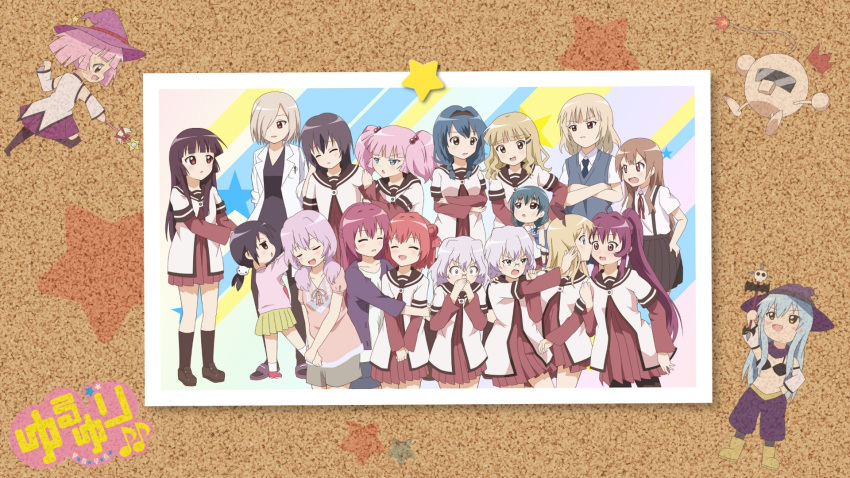 6+girls :d ^_^ ahoge akaza_akane akaza_akari arm_hug black_hair blonde_hair blue_eyes blue_hair blush blush_stickers bow brown_eyes bulletin_board closed_eyes commentary_request copyright_name cousins crossed_arms detached_sleeves double_bun dress everyone eyebrows funami_mari funami_yui furutani_himawari furutani_kaede fuse ganbo glasses hair_bun hair_ornament hair_over_one_eye hairbow hairclip hand_on_own_hip hat highres hug ikeda_chitose ikeda_chizuru kashiopea kissing lab_coat loafers long_hair mary_janes matsumoto_rise mirakurun multiple_girls musical_note nanamori_school_uniform necktie nishigaki_nana oomuro_hanako oomuro_nadeshiko oomuro_sakurako open_mouth pantyhose photo_(object) pink_hair ponytail purple_eyes rivalun school_uniform serafuku shoes short_hair siblings sisters skirt sleeves_rolled_up smile star_(symbol) sugiura_ayano suspenders toshinou_kyouko twintails vest wand witch_hat yellow_eyes yoshikawa_chinatsu yoshikawa_tomoko yuri yuru_yuri