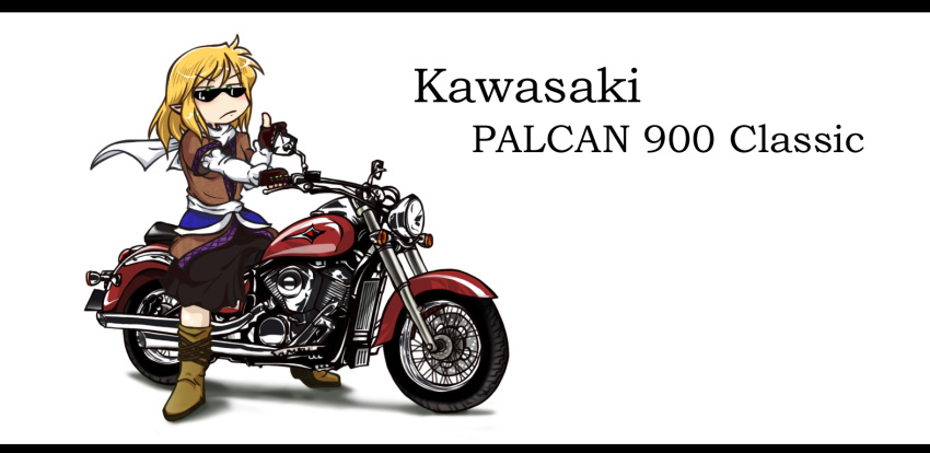 blonde_hair commentary_request female fingerless_gloves gloves green_eyes kawasaki letterboxed mizuhashi_parsee motor_vehicle motorcycle nanigashi_yakko pointy_ears scarf solo sunglasses thumbs_up touhou