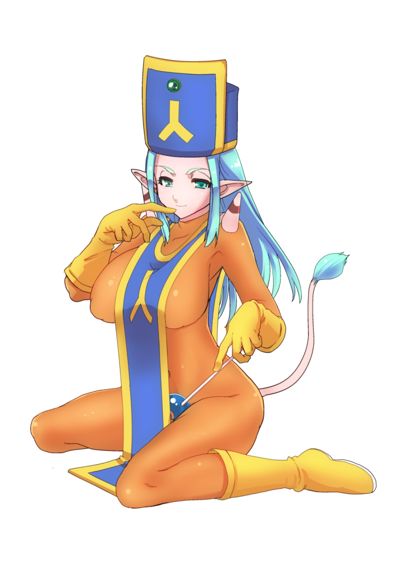 blue_eyes blue_hair blush bodysuit boots breasts buri chunsoft cosplay dragon_quest dragon_quest_iii dragon_quest_x enix female gloves highres horns large_breasts long_hair mitre navel ogre_(dq10) pointy_ears priest_(dq3) priest_(dq3)_(cosplay) red_skin simple_background sitting skin_tight slime_(dragon_quest) smile solo strap_pull tabard tail tattoo wariza white_background