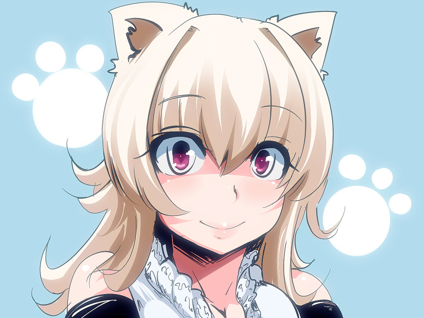 animal_ears animal_hands bad_id bad_pixiv_id bare_shoulders black_gloves blonde_hair breasts cleavage commentary elbow_gloves female gloves hyudora long_hair medium_breasts original paw_print photoshop_(medium) purple_eyes shaded_face smile solo upper_body