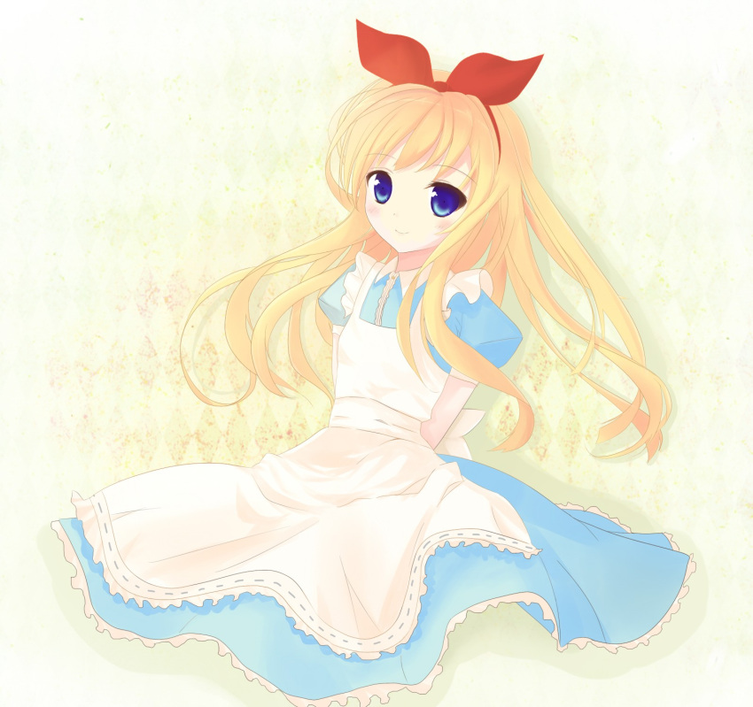 alice_(alice_in_wonderland) alice_in_wonderland arms_behind_back blonde_hair blue_eyes blush commentary_request female highres long_hair okino_ryuuto original smile solo