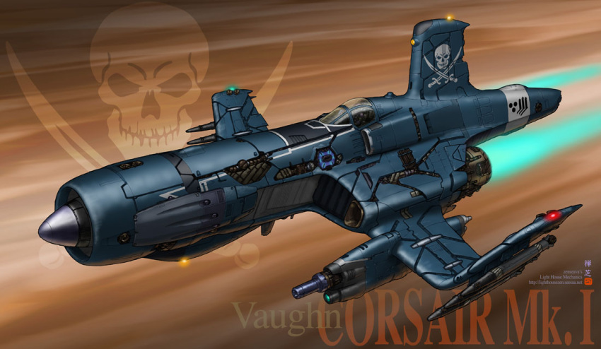 aircraft airplane artist_name cannon cockpit commentary_request energy_gun exhaust f4u_corsair jet jolly_roger light missile no_humans original photoshop_(medium) pilot pilot_suit realistic science_fiction skull skull_and_crossed_swords spacecraft spacesuit vehicle_focus watermark weapon web_address zenseava