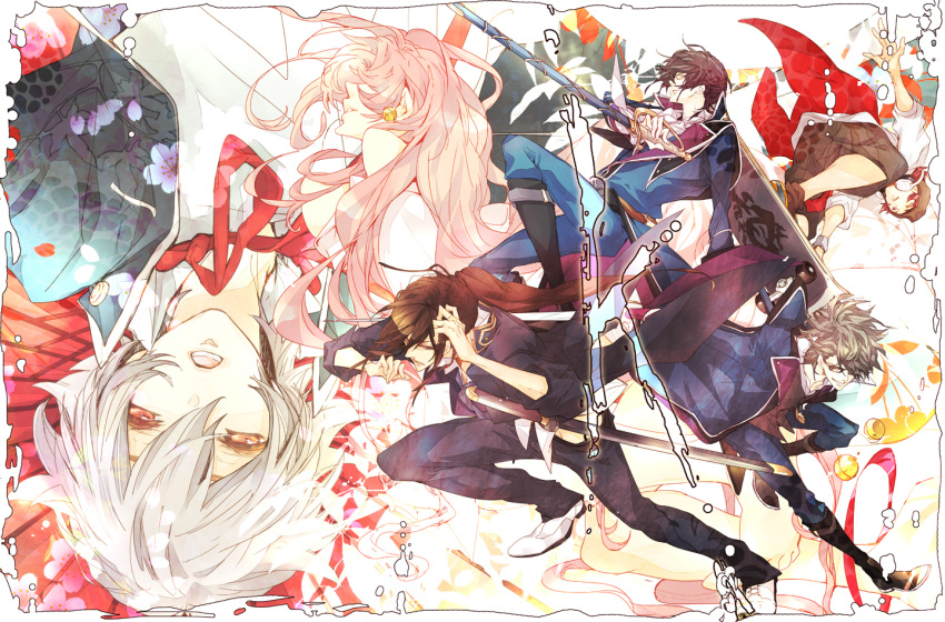 5boys bad_id bad_pixiv_id black_hair boots commentary_request female fushimi_saruhiko glasses hat headphones isana_yashiro jacket k-project levi-kuroko long_hair multiple_boys munakata_reishi neko_(k-project) pink_hair red_eyes red_hair short_hair skateboard sword weapon white_hair yata_misaki yatogami_kurou