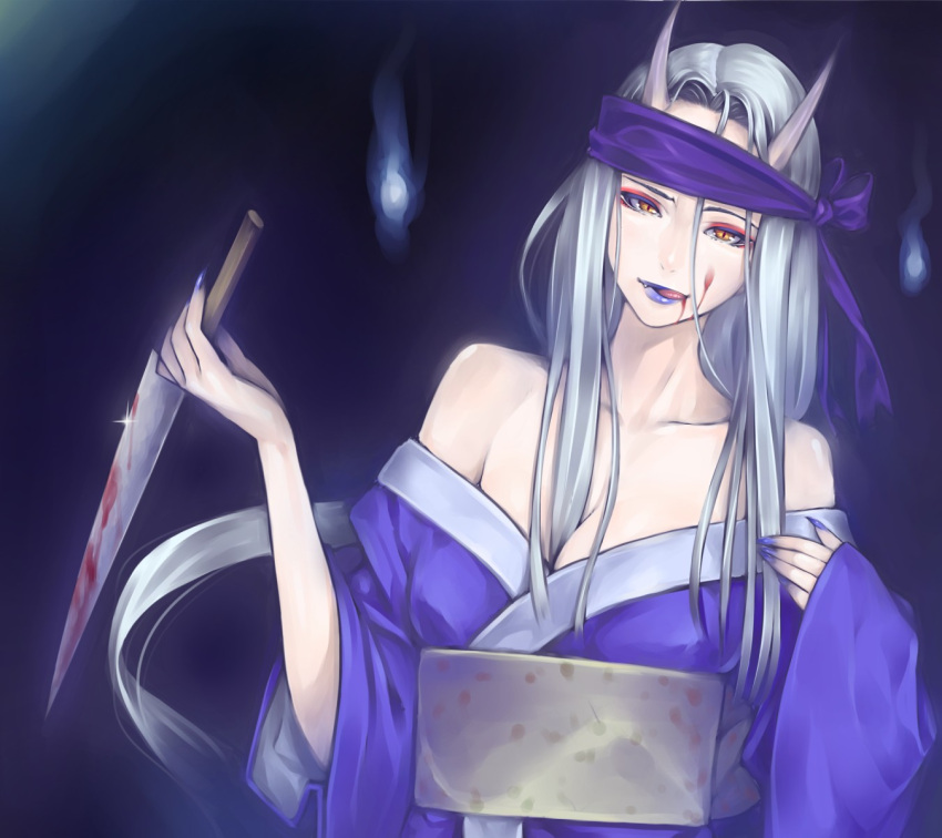 bad_id bare_shoulders blood blood_on_face blood_on_knife breasts bubuzuke cleavage collarbone female grey_hair highres holding holding_knife horns japanese_clothes kimono knife large_breasts lips long_hair purple_kimono shikigami_no_shiro solo tongue yellow_eyes zasae