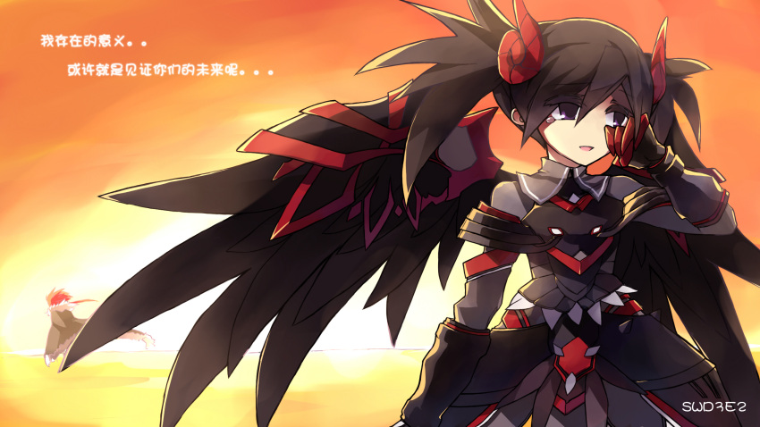 1boy aisha_landar alternate_hair_color armor artist_name bad_id bad_pixiv_id black_armor black_hair cape chinese_text elsword elsword_(character) female gloves highres horns long_hair orange_background photoshop_(medium) ponytail purple_eyes red_hair smile surcoat swd3e2 tears translated twintails wings