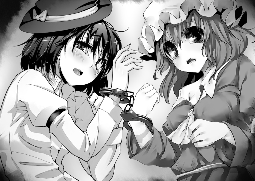 2girls aya_shachou blush bow commentary_request cuffs greyscale handcuffs hat hat_bow hat_ribbon long_hair looking_at_viewer maribel_hearn monochrome multiple_girls open_mouth ribbon short_hair tears touhou ukyo_rst usami_renko