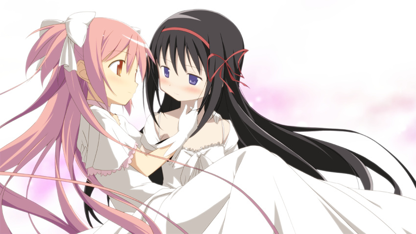 2girls akemi_homura black_hair blue_eyes blush bow dress gloves kaname_madoka long_hair mahou_shoujo_madoka_magica moritan pink_hair red_eyes ribbons twintails wedding_dress yuri