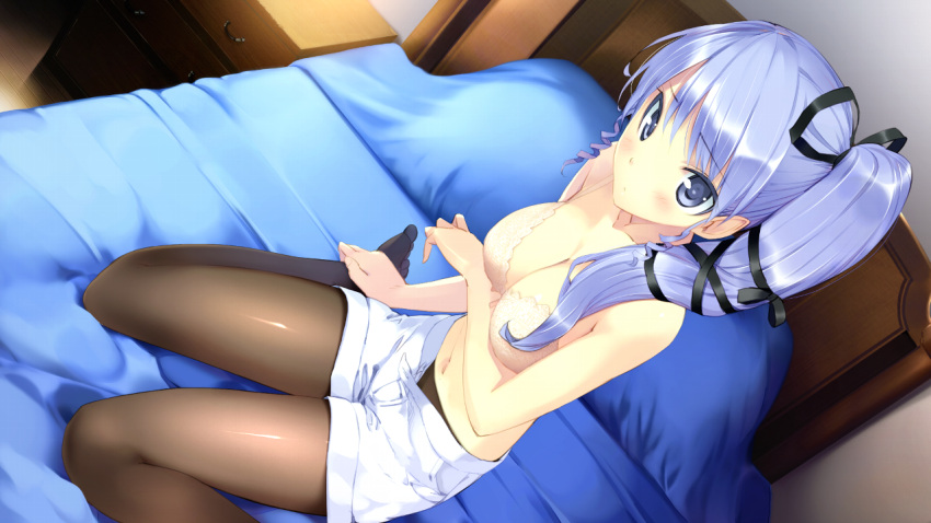 bed black_pantyhose blue_eyes blue_hair bra breasts cleavage dutch_angle female game_cg hair_ribbon medium_breasts nanatsu_no_fushigi_no_owaru_toki navel no_shirt on_bed pantyhose pantyhose_under_shorts pillow ribbon shorts side_ponytail solo tomariyama_fumi ueda_ryou underwear white_bra white_shorts