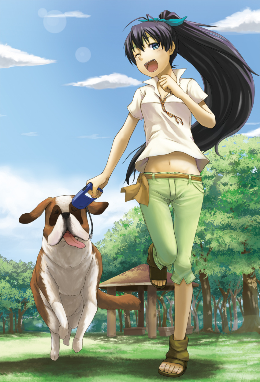 ;d animal belt black_hair blue_eyes bow canine cloud commentary_request day female ganaha_hibiki gazebo grass hairbow highres holding idolmaster idolmaster_(classic) inumi leash leg_up long_hair looking_at_viewer nature navel oerba_yun_fang one_eye_closed open_mouth outdoors park pet_walking photoshop_(medium) ponytail running shirt shorts sky smile solo st_bernard toes tongue tree tsukikase white_shirt