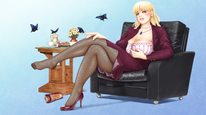 blonde_hair blush bracelet breasts bug butterfly chair cleavage comma commentary_request cookie crossed_legs cup easy_chair feet female food high_heels highres jewelry large_breasts legs long_legs miniskirt original pantyhose shoes single_shoe sitting skirt solo teacup teapot thighs toes