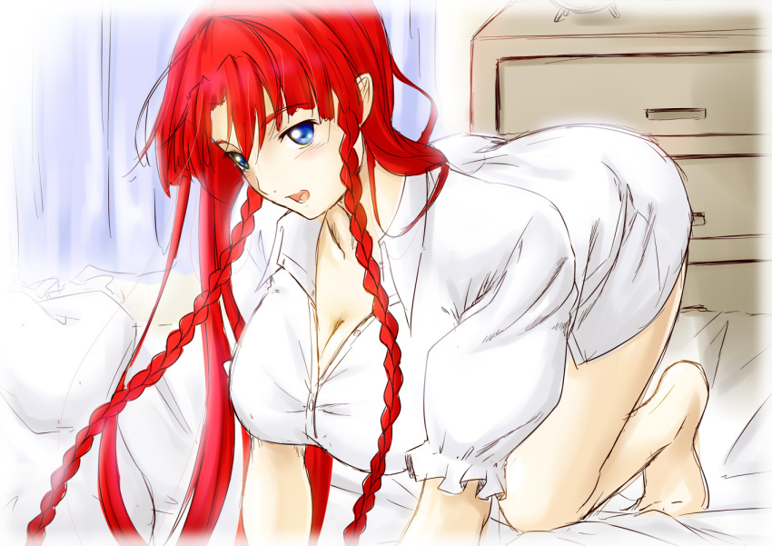 all_fours bed blue_eyes braid breasts cleavage commentary_request female hong_meiling large_breasts long_hair looking_at_viewer naked_shirt niwatazumi no_headwear red_hair shirt solo touhou twin_braids