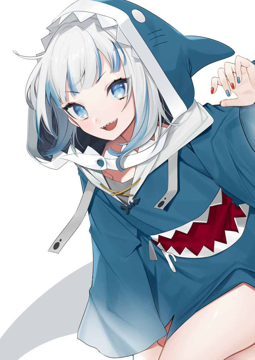 :d absurdres animal_hood arm_up bad_id bad_twitter_id blue_eyes blue_hair blue_hoodie blue_nails blush buttons commentary daimaou_ruaeru drawstring female gawr_gura gawr_gura_(1st_costume) grey_hair hands_up highres hololive hololive_english hood hood_up hoodie long_sleeves looking_at_viewer multicolored_hair multicolored_nails nail_polish open_mouth red_nails shark_hood sharp_teeth sitting smile solo strap streaked_hair tail teeth thighs tongue upper_body virtual_youtuber white_background wide_sleeves