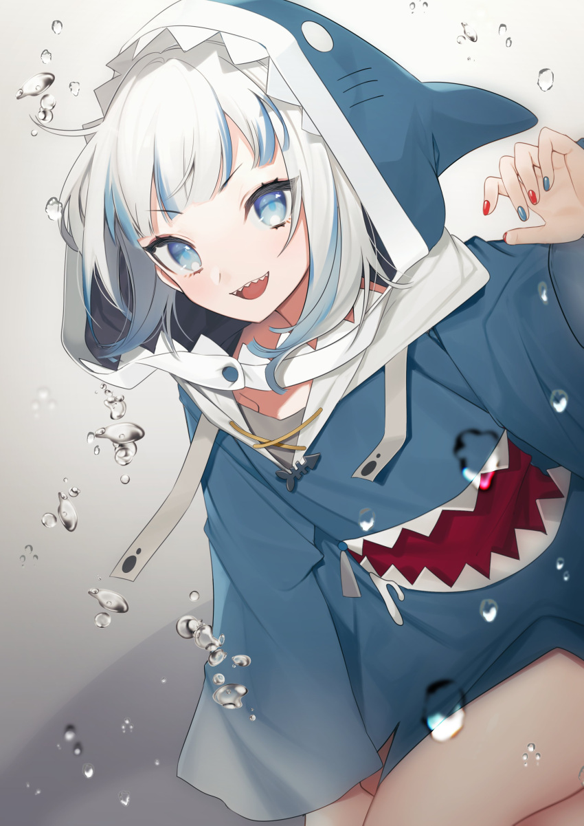 :d absurdres animal_hood arm_up bad_id bad_twitter_id blue_eyes blue_hair blue_hoodie blue_nails blush bubble commentary daimaou_ruaeru drawstring female gawr_gura gawr_gura_(1st_costume) grey_hair hands_up highres hololive hololive_english hood hood_up hoodie long_sleeves looking_at_viewer multicolored_hair multicolored_nails nail_polish open_mouth red_nails shark_hood sharp_teeth sitting smile solo streaked_hair tail teeth thighs upper_body virtual_youtuber water_drop