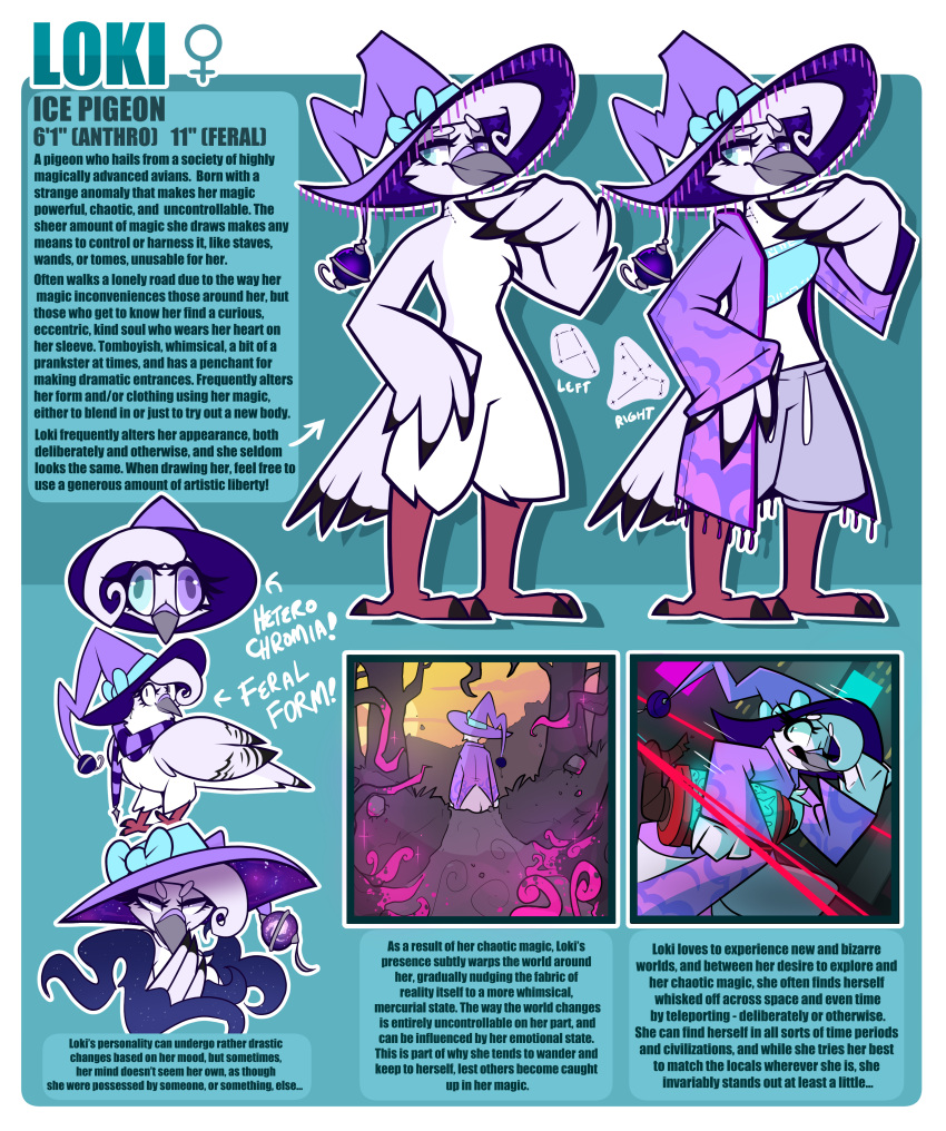 absurd_res anthro avian bbsartboutique bird columbid english_text female hi_res magic_user model_sheet pigeon text