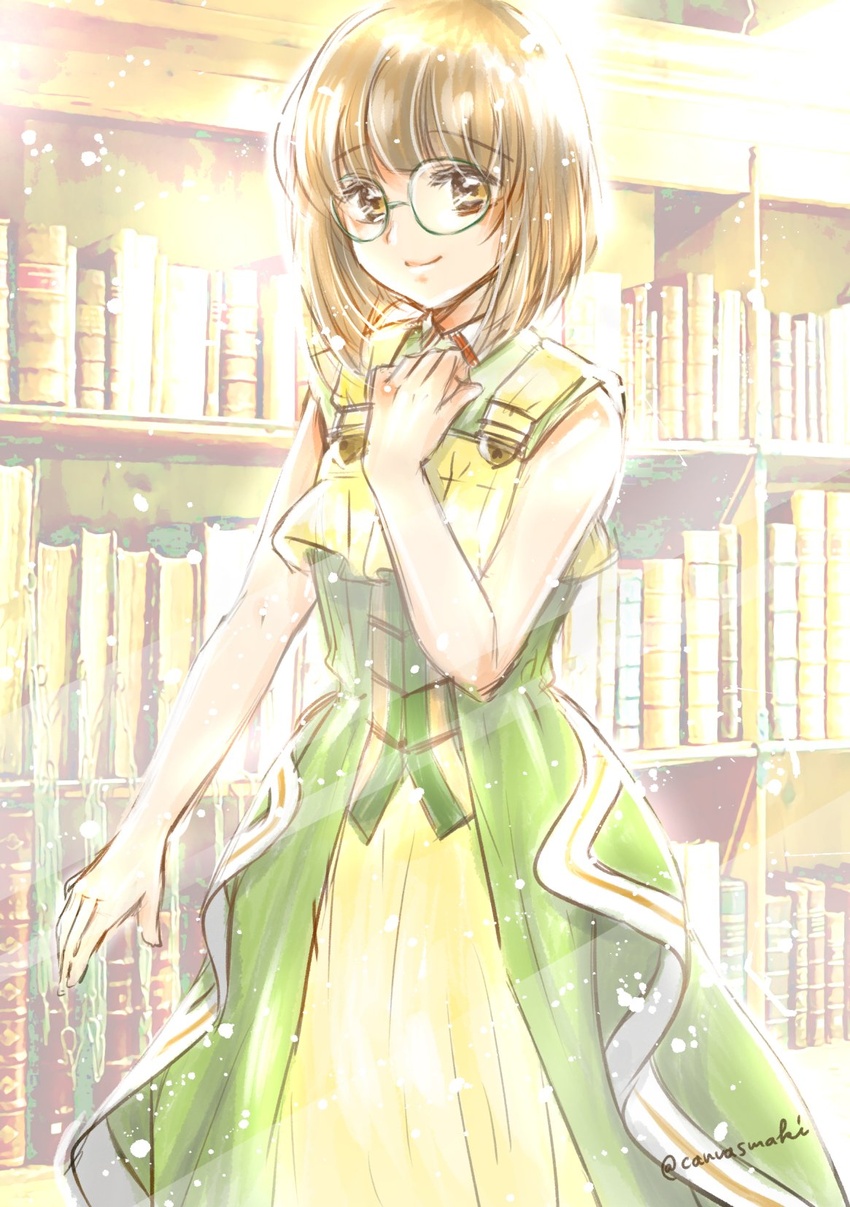 artist_name book bookshelf breast_hold breasts brown_eyes brown_hair canvasmaki cardcaptor_sakura closed_mouth commentary_request cosplay dress erica_brown erica_brown_(cosplay) female glasses green_dress hand_on_own_chest hand_up highres looking_at_viewer no_mole shirt short_hair smile solo twitter_username violet_evergarden_(series) yanagisawa_naoko yellow_shirt