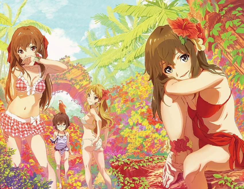 4girls adjusting_clothes adjusting_swimsuit ass bad_link bikini bird blonde_hair blue_eyes book brown_hair chikaoka_sunao flower frills glasses hair_flower hair_ornament hair_ribbon hand_on_own_face hibiscus holding holding_book long_hair looking_at_viewer multiple_girls official_art ooishi_hina parrot red_eyes ribbon sarong shimada_mayu short_hair swimsuit tateishi_aoka wake_up_girls! wake_up_girls!_stage_no_tenshi yellow_eyes