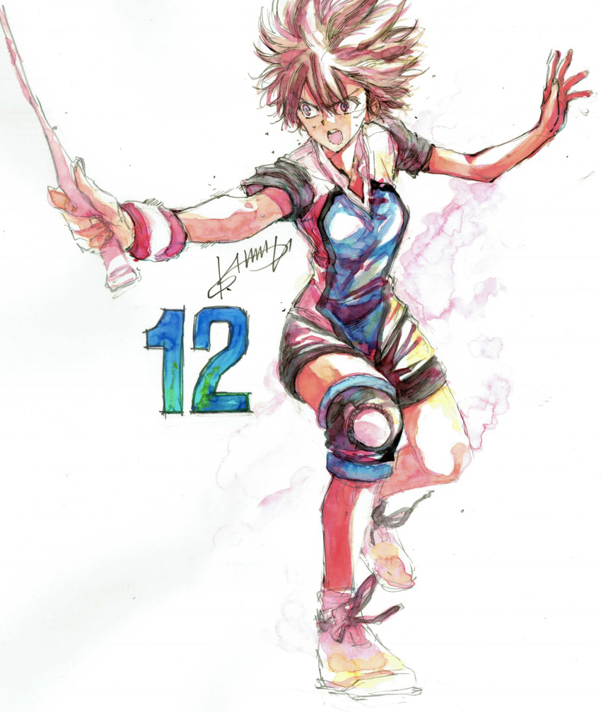 aragaki_nagisa bad_id bad_twitter_id badminton_racket bodysuit brown_eyes brown_hair commentary_request female full_body hamada_kousuke hanebado! highres knee_brace mole mole_under_mouth open_mouth racket shoes short_hair sneakers solo tomboy wristband