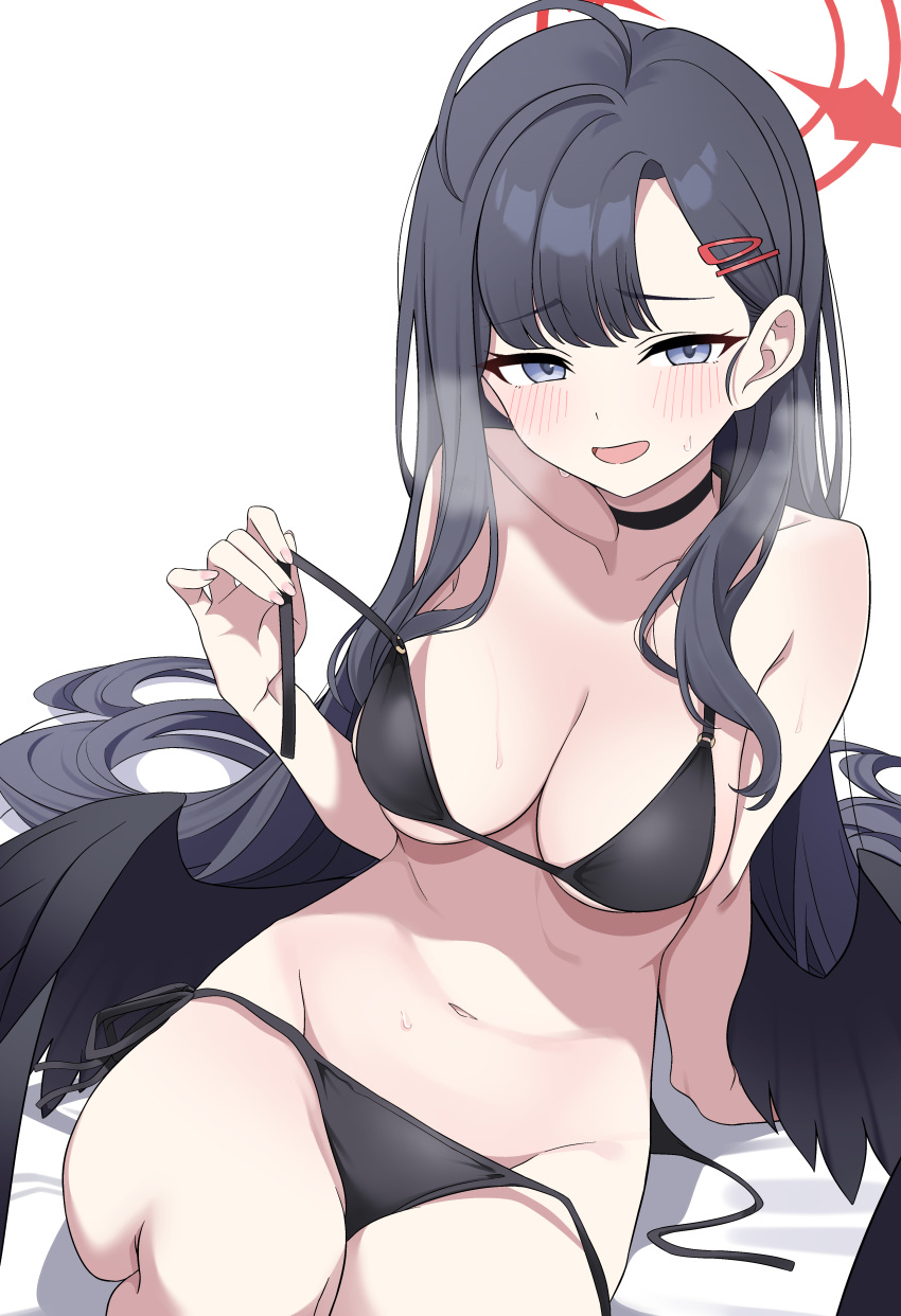 absurdres ahoge alternate_costume arm_support asymmetrical_bangs bikini black_bikini black_choker black_hair black_wings blue_archive blush breasts breath choker cleavage collarbone commentary_request feathered_wings female fingernails groin halo highres hiroikara_(smhong04) ichika_(blue_archive) long_hair looking_at_viewer medium_breasts navel simple_background sitting stomach string_bikini sweat swimsuit undone_bikini very_long_hair white_background wings