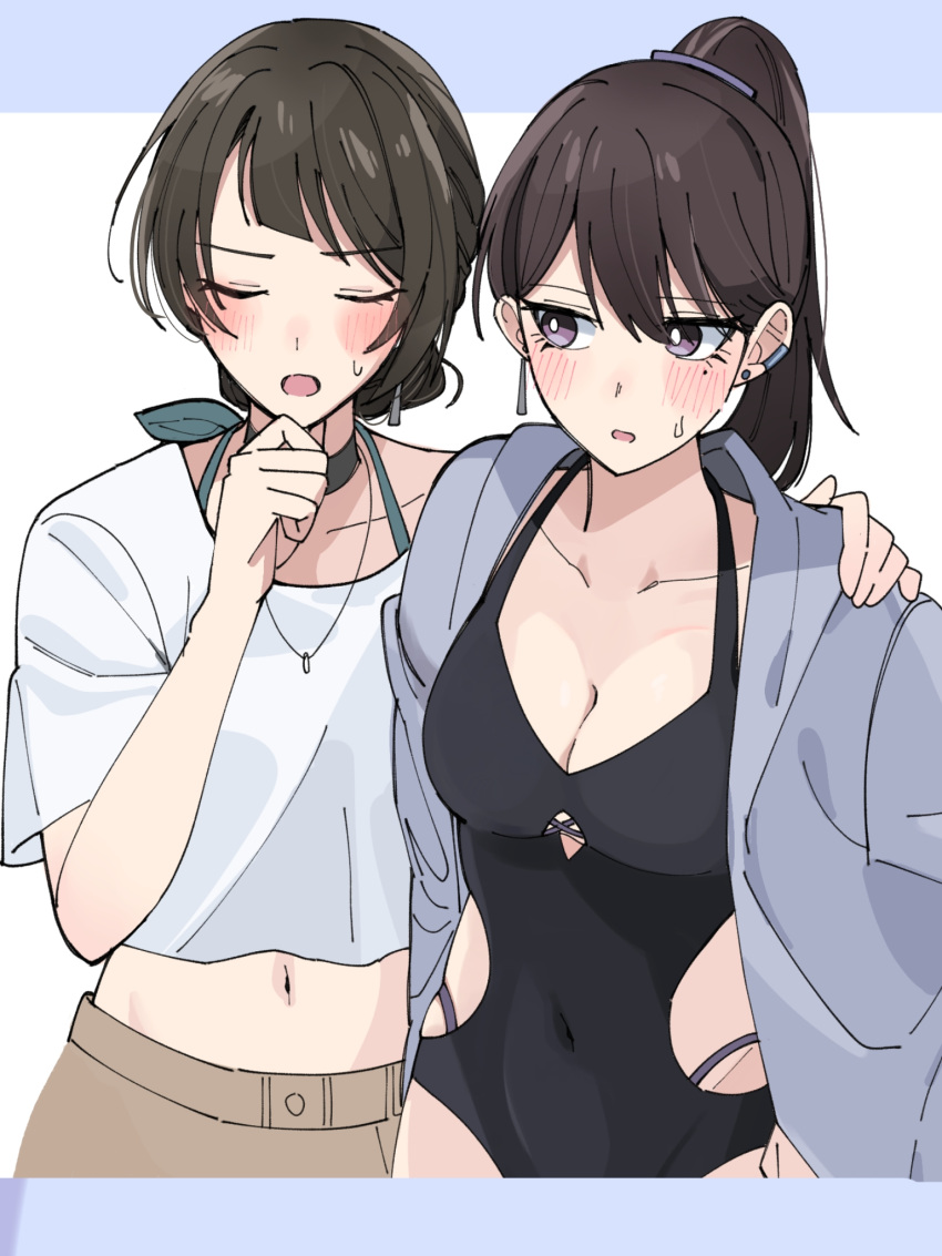 2girls bang_dream! bang_dream!_it's_mygo!!!!! black_one-piece_swimsuit blue_jacket blush breasts cleavage closed_eyes collarbone commentary_request covered_navel cropped_shirt earclip earrings hair_between_eyes halterneck highres jacket jewelry long_hair medium_breasts midriff mole mole_under_eye multiple_girls nanami_(nunnun_0410) official_alternate_costume one-piece_swimsuit open_clothes open_jacket open_mouth ponytail purple_eyes shiina_taki shirt short_hair stud_earrings sweatdrop swimsuit swimsuit_under_clothes textless_version white_shirt yahata_umiri