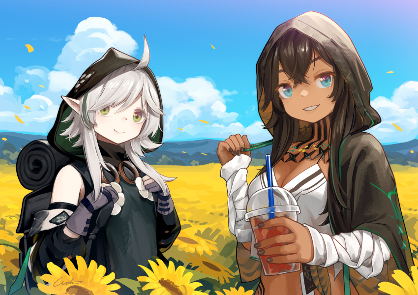 2girls absurdres ahoge arknights bandaged_arm bandages bare_shoulders black_dress black_hair blue_sky camisole cloud crop_top cup dark_skin day disposable_cup dress drinking_straw field flint_(arknights) flower flower_field grey_hair highres holding holding_cup hood midriff multiple_girls outdoors pointy_ears sky sunflower sunflower_field tomimi_(arknights) upper_body welt_(kinsei_koutenkyoku)