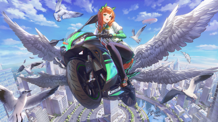 absurdres ai-assisted animal_ears beamsaberw bird black_gloves black_pantyhose blunt_bangs brown_footwear city dated ear_covers female full_body gloves green_eyes hairband highres hime_cut horse_ears horse_girl horse_tail juliet_sleeves kawasaki_(company) kawasaki_ninja_300 loafers long_hair long_sleeves looking_at_viewer motor_vehicle motorcycle on_motorcycle orange_hair orange_tail pantyhose puffy_sleeves shoes signature silence_suzuka_(umamusume) solo tail umamusume vehicle_focus white_hairband