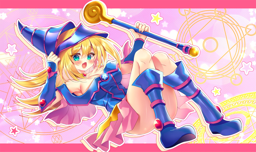 arm_guards ass bare_shoulders blonde_hair blue_dress blue_eyes blue_footwear blue_hat blush boots breasts cleavage collarbone commentary_request convenient_leg dark_magician_girl dress drop_shadow duel_monster female full_body hair_between_eyes hand_on_headwear hat holding holding_wand knee_boots large_breasts letterboxed long_hair off-shoulder_dress off_shoulder open_mouth outline outside_border pentagram solo suzunone_rena wand white_outline yu-gi-oh!