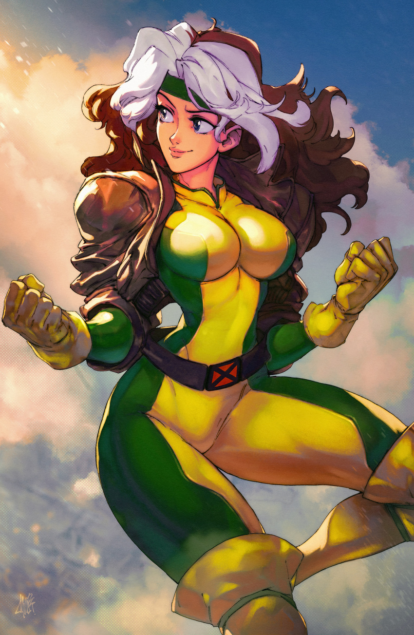 bodysuit boots breasts brown_hair cloud cropped_jacket david_liu english_commentary evolution_championship_series female flying gloves green_bodysuit green_headband headband highres jacket leather leather_jacket looking_to_the_side marvel multicolored_bodysuit multicolored_clothes multicolored_hair rogue_(x-men) signature sky smile solo superhero_costume thigh_boots two-tone_bodysuit two-tone_hair white_hair x-men yellow_bodysuit yellow_gloves