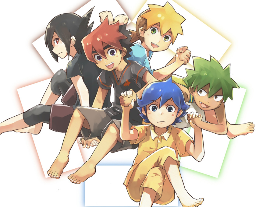 5boys :d barefoot black_hair black_shirt black_shorts blonde_hair blue_eyes blue_hair blue_shirt blush brown_hair brown_shorts ceylan_jones crossed_legs dark-skinned_male dark_skin frown geetgeet green_eyes green_hair grey_shorts guren_nash highres holding_hands inukai_gen kameyama_tokusa male_focus mason_chooki multicolored_hair multiple_boys oerba_yun_fang red_eyes red_hair shirt shorts simple_background sitting smile spiked_hair tenkai_knights two-tone_hair white_background yellow_shirt